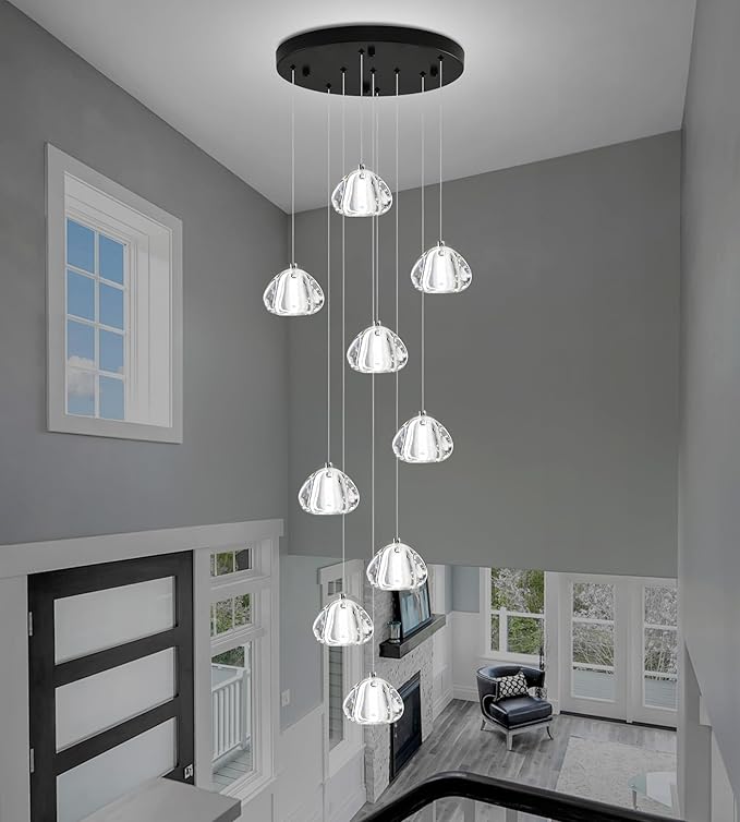 Modern Crystal Chandelier 9-Lights High Ceiling Raindrop Chandelier Lighting Fixture, LED Round Indoor Lighting Fixture Black for Foyer Staircase Living Room