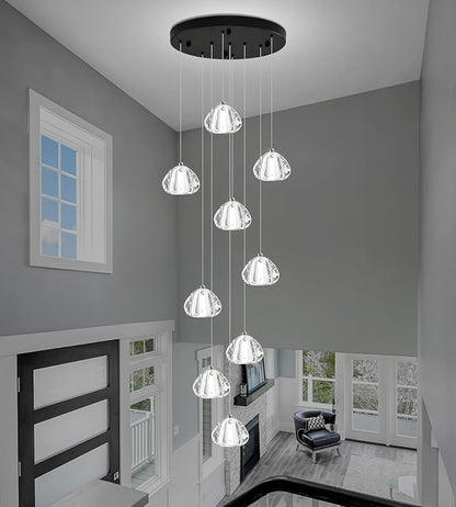 Modern Crystal Chandelier 9-Lights High Ceiling Raindrop Chandelier Lighting Fixture, LED Round Indoor Lighting Fixture Black for Foyer Staircase Living Room