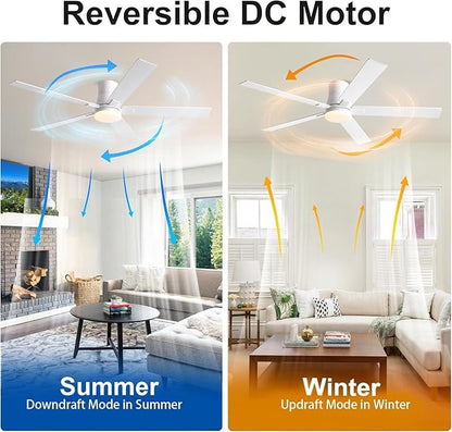 60 Inch Ceiling Fans with Lights and Remote,Flush Mount White Ceiling Fan with 5 Blades,6 Speed Reversible DC Motor,3CCT Dimmable LED-Low Profile Design for Bedroom, Living room & Covered Outdoor