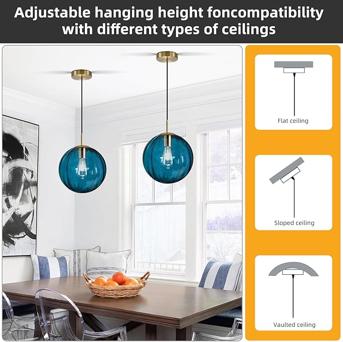 Modern Blue Glass Pendant Light, Kitchen Island Lighting 2-Pack Globe Pendant Light Fixtures Century Kitchen Island Pendant Lighting for Bedroom Living Dining Room Light Fixture (Without Bulb)