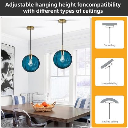 Modern Blue Glass Pendant Light, Kitchen Island Lighting 2-Pack Globe Pendant Light Fixtures Century Kitchen Island Pendant Lighting for Bedroom Living Dining Room Light Fixture (Without Bulb)