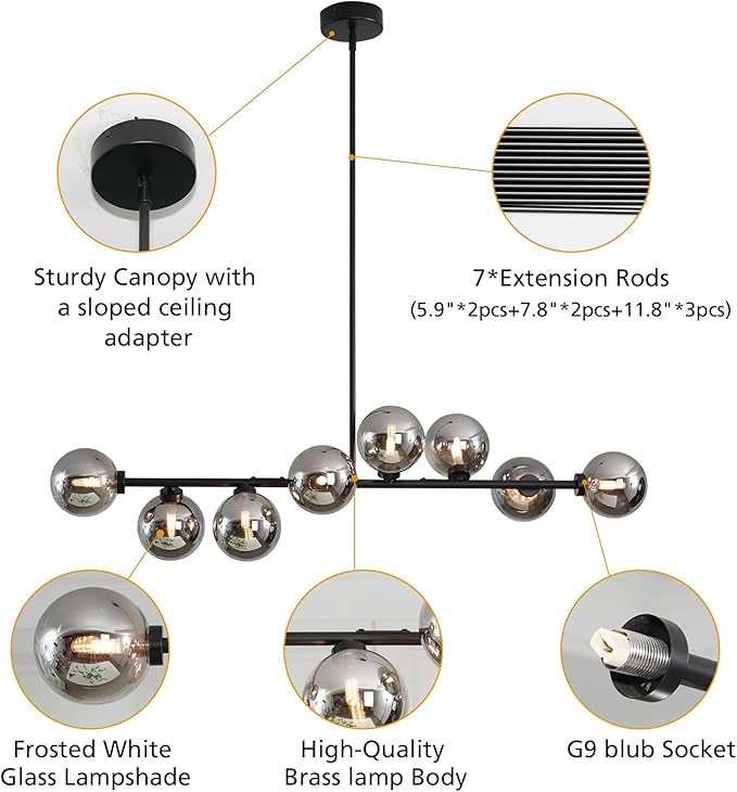 Sputnik Chandelier for Dining Room, 8 Lights Linear Bubble Chandelier with Grey Glass Lampshade, Mid Century Globe Pendant Lights, Kitchen Chandelier Over Table - Black