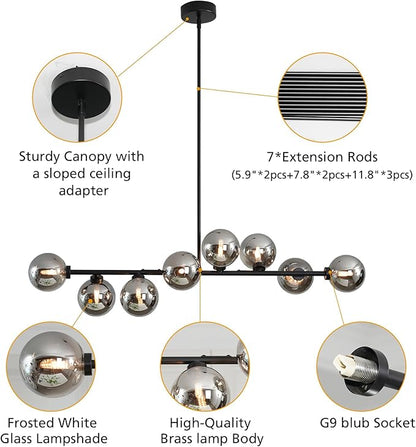 Sputnik Chandelier for Dining Room, 8 Lights Linear Bubble Chandelier with Grey Glass Lampshade, Mid Century Globe Pendant Lights, Kitchen Chandelier Over Table - Black