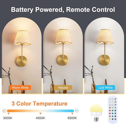 ADISUN Battery Operated Wall Sconce Set of 2, Gold Wall Lamps for Living Room, Rechargeable Bulbs, RGB. Rattan Shade Wireless Wall Lights for Bedroom Living Room Hallway Kitchen(Bulbs Included)