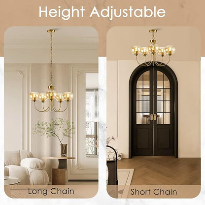 Mid Century Modern Globe Chandelier 5 Light Amber Glass Vintage Sputnik Chandeliers Gold Pendant Light Fixtures for Dining Room Kitchen Living Room Bedroom