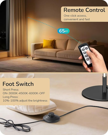 EDISHINE 59.8" Modern Floor Lamp, Minimalist Floor lamp with 3 Height Settings, 3 Color Temperature & Stepless Dimming, Remote Control, Foot Switch, Slim for Living Room, Black