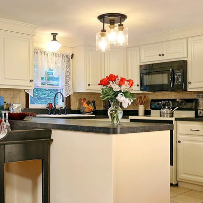 Semi Flush Mount Ceiling Light, Matte Black Kitchen Light Fixtures Ceiling Mount with Seeded Glass Shades, 3-Light Close to Ceiling Light Fixtures for Kitchen Hallway Foyer Dining Room.