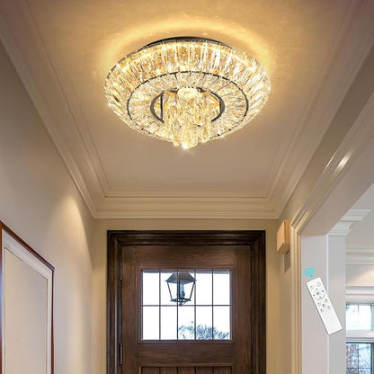 Crystal Chandelier 25W Modern Round Ceiling Light Fixture LED Raindrop Chandeliers Dimmable with Remote for Dining Room Living Room Entryway Hallway Bedroom Black