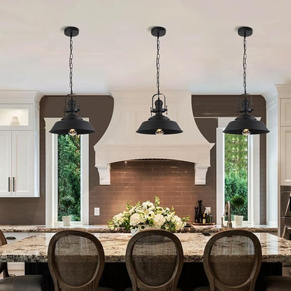 14" Farmhouse Pendant Light, Industrial Rustic Hanging Light Fixture with Matte Black Finish for Kitchen Island, Dining Room, Barn, Metal Dome Shade