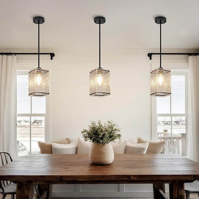 Water Ripple Glass Pendant Lights Black Pendant Lights Kitchen Island Adjustable Modern Hanging Pendant Light Fixtures for Sink Kitchen Dining Room Foyer Entryway, 2 Pack