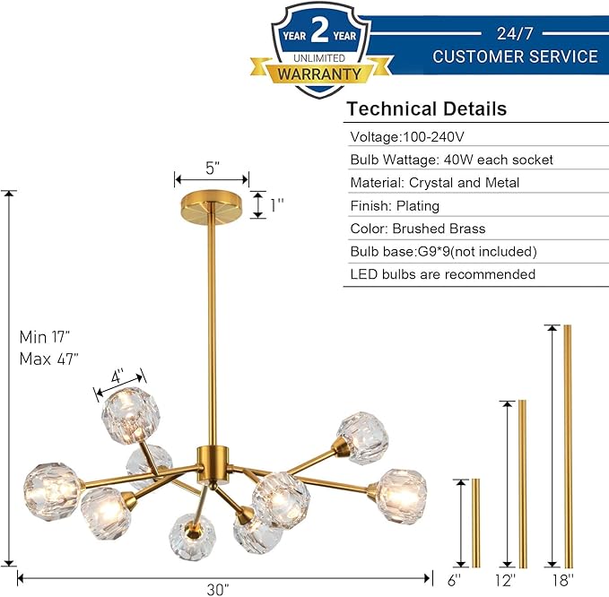Weesalife Sputnik Chandeliers for Dining Room Light Fixture Over Table, Modern Crystal Chandeliers, 9 Lights Gold Lighting Fixtures for Living Room Bedroom Kitchen Island