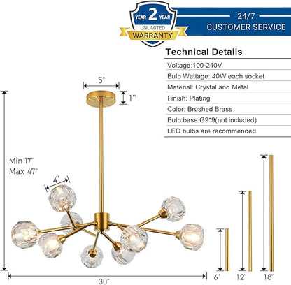 Weesalife Sputnik Chandeliers for Dining Room Light Fixture Over Table, Modern Crystal Chandeliers, 9 Lights Gold Lighting Fixtures for Living Room Bedroom Kitchen Island