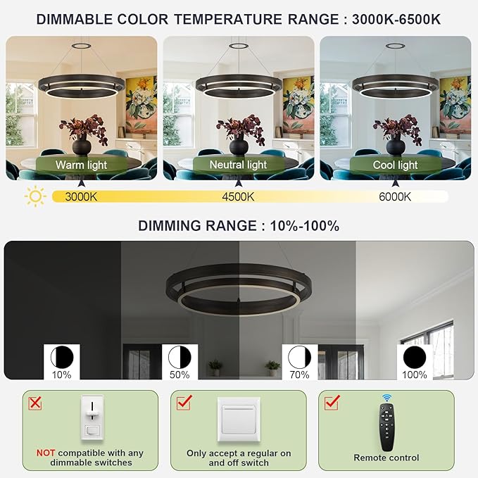 Benkut Modern LED Chandelier Vintage Black Brown Dimmable Circular LED Pendant Light with Remote Ring Chandelier Dining Room Light Fixtures for Kitchen Island Living Room Entryway, D23.6