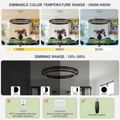 Benkut Modern LED Chandelier Vintage Black Brown Dimmable Circular LED Pendant Light with Remote Ring Chandelier Dining Room Light Fixtures for Kitchen Island Living Room Entryway, D23.6