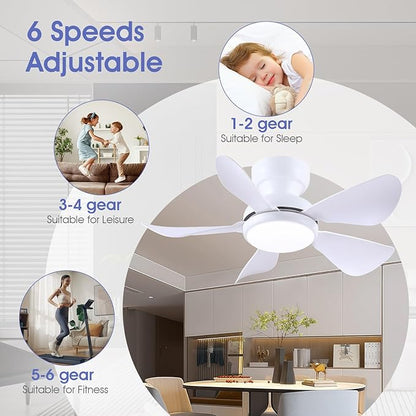 Kviflon 32 Inch Modern Ceiling Fans with Lights, Small Flush Mount Ceiling Fan with Light and Remote/APP Control, 5 Reversible 6 Speeds Curved Blades, 3 CCT Dimmable Lights for Kids Room, White