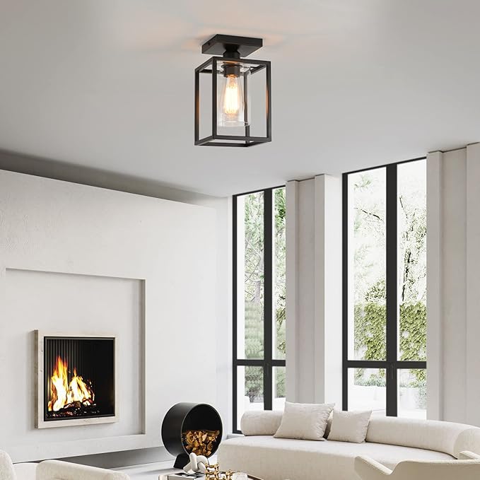 2 Pack Semi Flush Mount Ceiling Light, Black Metal Frame with Clear Glass Shade, Farmhouse Light Fixture for Kitchen, Island, Entryway, Porch, Foyer, Dining Room