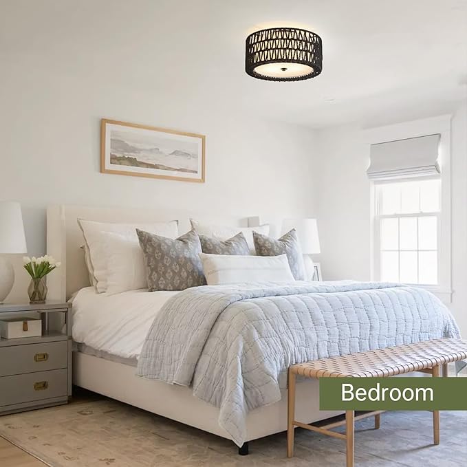 Boho Black Ceiling Light Fixtures 2-Light Rattan Flush Mount Ceiling Light, 12.6" Modern Light Fixture Close to Ceiling Light for Bedroom Nursery Foyer Hallway Entryway Kids Room