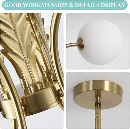 BOKT Mid Century Milk Glass Chandelier Gold G9 Ceiling Chandelier Light Industrial Metal Adjustable Pendant Lighting Farmhouse Large Globe Flush Mount Light Fixture for Dining Room Kitchen Indoor