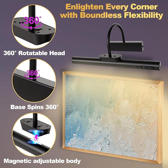 LYTARA Dimmable Cordless Picture Light with Controller and Timer, Rechargeable Battery Wall Sconce for Wall Pictures, Gallery Artwork, Paintings, Portraits, Dartboards (Black)