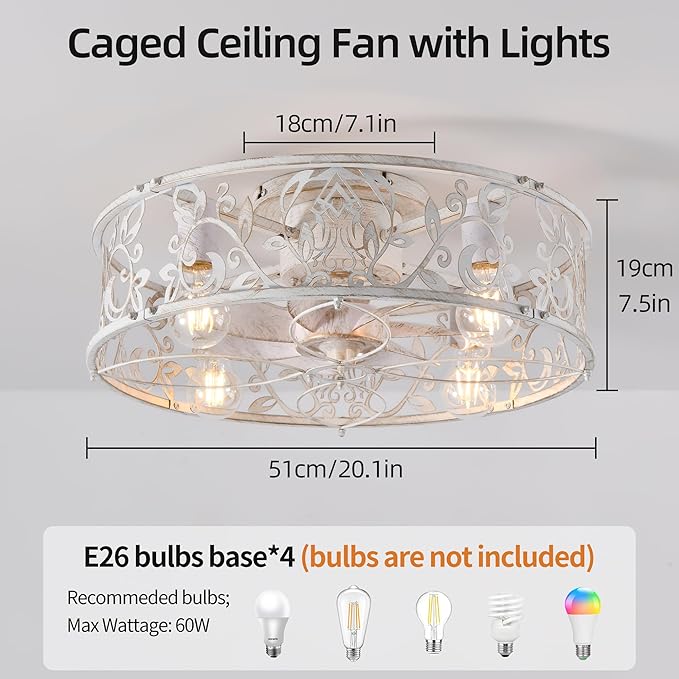 Garwarm 20" Caged Ceiling Fan With Light, Flush Mount Bladeless Fandelier With Remote, Small Low Profile for Bedroom, Kitchen, Dining Room, White Gold