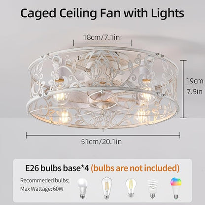 Garwarm 20" Caged Ceiling Fan With Light, Flush Mount Bladeless Fandelier With Remote, Small Low Profile for Bedroom, Kitchen, Dining Room, White Gold