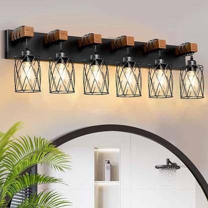 IZORRO Farmhouse Bathroom Vanity Light, 6-Light Wood Bathroom Light Fixtures Over Mirror, Black Industrial Vanity Lights with Metal Shade, Rustic Restroom Lighting Fixtures