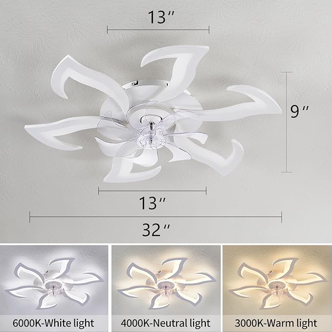 32" White Geometric Modern 6-Head Ceiling Fan with Lights Remote Control, Low Profile Ceiling Fan with Light for Kitchen Bedroom Living Room