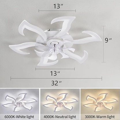 32" White Geometric Modern 6-Head Ceiling Fan with Lights Remote Control, Low Profile Ceiling Fan with Light for Kitchen Bedroom Living Room