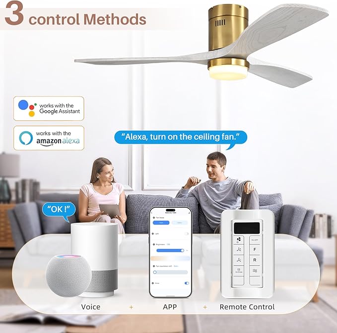 CACI Mall Smart 52 inch Wood Flush Mount Ceiling Fans with Lights and Remote, 3 Blades, Low Profile, Modern, Compatible with Alexa/Google/App, Outdoor Indoor Ceiling Fans for Bedroom/Farmhouse/Patio