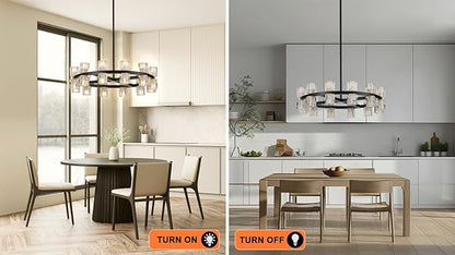 Modern 24 Inch Black Crystal Wagon Wheel Chandelier, Large Round 24-Light Pendant Lighting Fixture, Adjustable Height for High Ceilings Living Room, Dining Room, Foyer, Entryways (BLACK-24in)