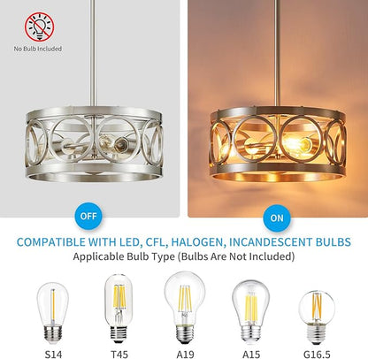 XINGQI 13” Chandelier Brushed Nickel 3-Light Rustic Ceiling Light Modern Adjustable Height Pendant Lighting Fixture Antique Drum Lamp for Living Room Bedroom Entryway Corridors