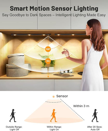 Pak Under Cabinet Lights, Rechargeable Motion Sensor Light Indoor, Wireless and 3-Color Dimmable with Cat’s Eye Hill Effect, for Display Cabinets, Showcases, Wine Racks, 2 Pack, Black