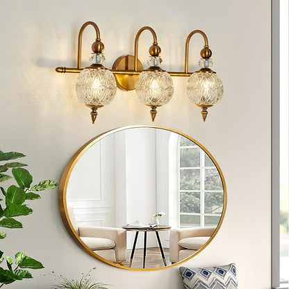 Piepooye Vintage Bathroom Lights Fixtures Gold Vanity Light with Glass Globe LampShade 3 Light Mid Century G9 Bulb Wall Sconce Indoor Vanity Light Over Mirror for Kitchen Bedroom Farmhouse Living Room