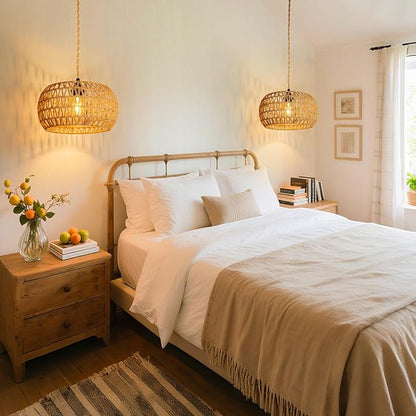 Hanging Light Ceiling Lamp Pendant Lights Rattan Hanging Lamp with Plug in Cord for Living Room Bedroom Kitchen Indoor Hanging Lamp Plug in Woven Lampshade