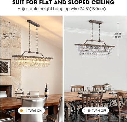 7PM Crystal Chandelier for Dining Room, 35 Inch Antique Bronze Chandelier, 7 Lights Rectangle Chandelier, Farmhouse Kitchen Island Lighting Hanging Light Fixture for Living Room, Entryway