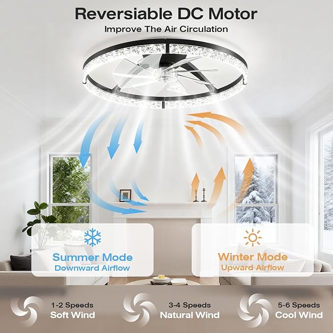 StarryEver Ceiling Fans with Lights and Remote, 24 Inch Modern Smart Ceiling Fan, 6 Speeds and 3000K-6500K Dimmable LED Fan Light, Low Profile Ceiling Fan for Bedroom, Living Room, Dining Room, Black