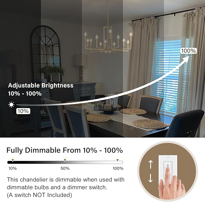 Modern Gold Chandelier, Farmhouse Candle Dining Room Chandeliers, Metal Hanging Pendant Light Fixture for Kitchen, Foyer, Bedroom, Living Room, Staircase, Entryway, 12-Light