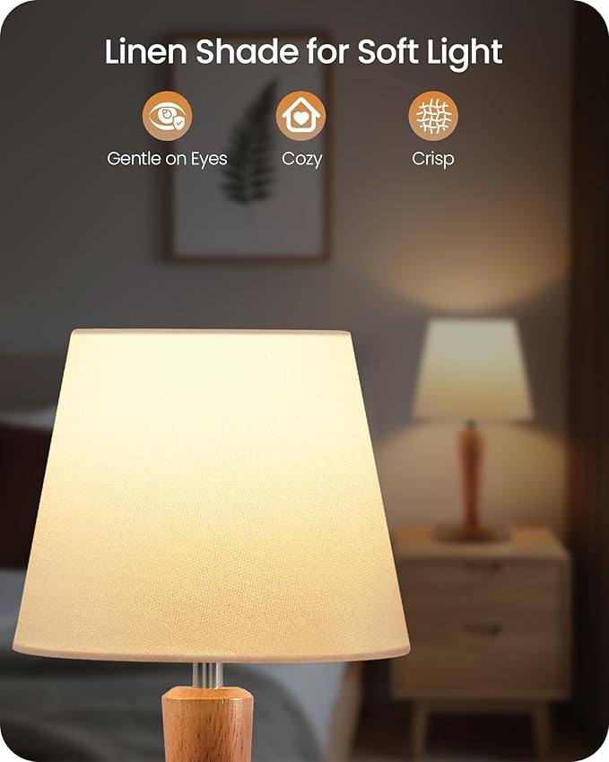 12" Wood Bedside Table Lamps Set of 2, Small Desk Lamps for Small Places, 3 Color Temperatures with Memory, White Linen Shade & E26 Bulbs, for Bedroom Living Room Office LW13TLP205
