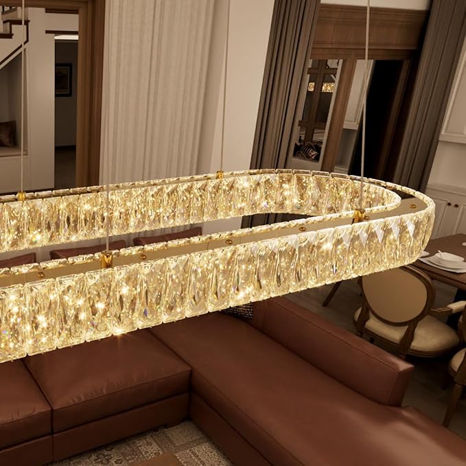 HAIXIANG Modern Crystal Chandelier Dimmable LED Long Chandeliers for Dining Table Pendant Lights Rectangular Glam Lighting Fixtures for Dining Room Kitchen Island Gold