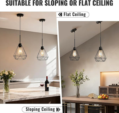 Maliralt Pendant Light Hanging Lights Fixture - Black Industrial Hanging Lamps with Metal Diamond Shade for Kitchen Island, Dining Room Over Table, Breakfast Corner, Farmhouse Home Decor - 2 Pack
