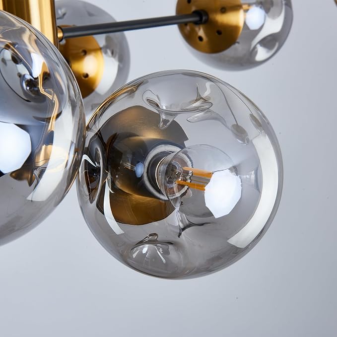 hesoge Large 12 Light Sputnik Semi Flush Mount Ceiling Light Fixture Gold Mid Century Modern Chandelier with Glass Globe Close to Ceiling Light for Living Room Kitchen Dining Room Bedroom.