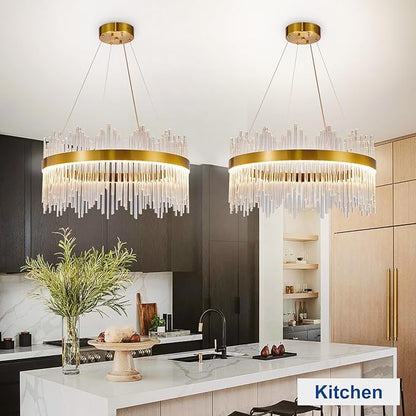 Depuley 23.6" Modern Crystal Chandeliers: Dimmable LED Gold Chandeliers Light Fixture with Remote Control - 3 Colors Contemporary Pendant Ceiling Light for Dining Living Room Kitchen Island Foyer