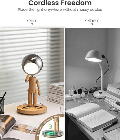 Rechargeable Cordless Desk Lamp, Creative Wooden Table Lamp with 3 Color &Stepless Dimming, Adjustable Pause Moon Lamp, Unique Decorative Desk Lamp for Bedroom, Nightstand, Office & Gift, Beech Wood