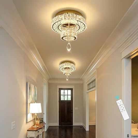 HAIXIANG Modern Glam Ceiling Chandelier Bedroom Light Fixtures Crystal Flat Sloping Ceiling Lights for Hallway Kitchen Dining Room Dimmable Light with Remote Gold