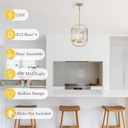 4-Light Modern Small Crystal Chandelier Mini Gold Pendant Lighting 12.8" Crystal Lamp for Closet Bedroom Foyer Dining Room Hanging Ceiling Light Fixture