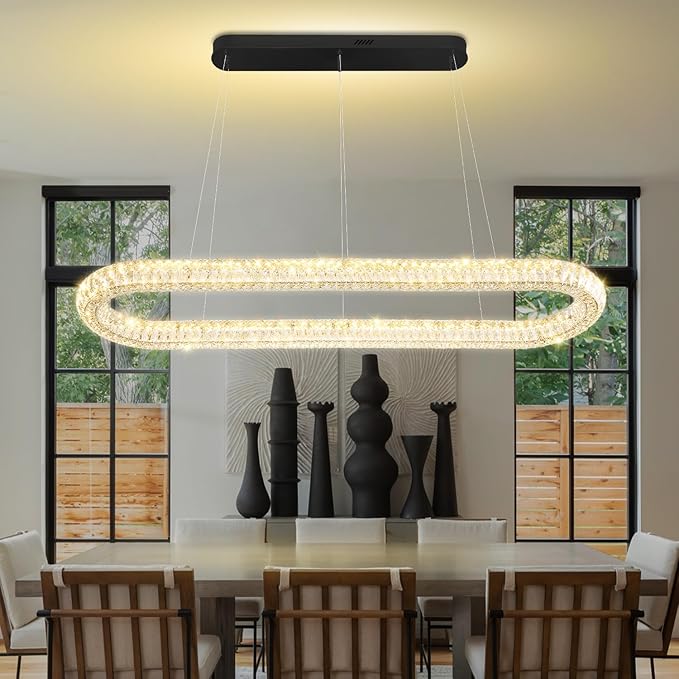 Large Led Ring Chandelier for Living Room Modern 55in Black Linear Oval Chandeliers Over Table Crystal Ring Pendant Light for Dining Room Dimmable 3000K-6000K