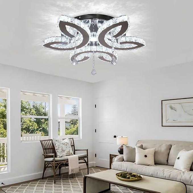 FRIXCHUR 20.4" Crystal Ceiling Light Modern LED Crystal Chandeliers Large Flush Mount Ceiling Light Fixture for Bedroom Living Dining Room (Cool White)