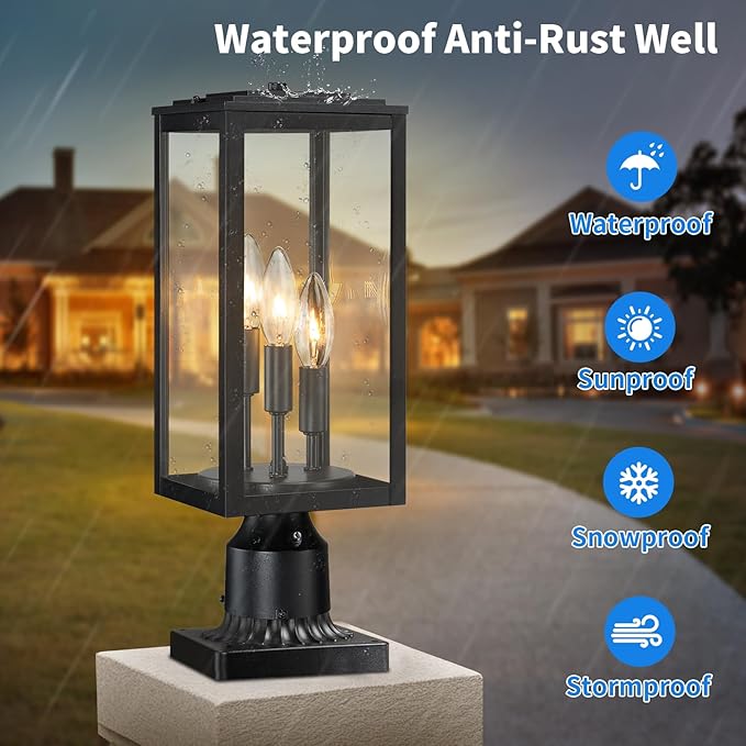 16.6'' Dusk to Dawn Post Light Outdoor, Large 3-Light Lamp Post Light Fixture, Modern Pillar Outside Lighting Waterproof Post Lantern Pole Lights for Porch, 1 Pack (Not Include Mounting Base)