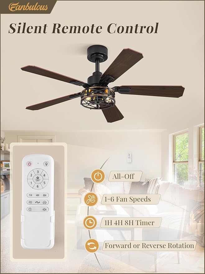 Fanbulous 2 Pack 42 Inch Rustic Caged Ceiling Fan with Lights, Black Farmhouse Ceiling Fans for Bedroom Living Room, Double-Sided 5 Blades Rustic Ceiling Fan