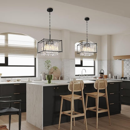Miuyhji Black Chandeliers for Dining Room, Black Square Industrial Chandelier Crystal Pendant Light for Kitchen Island Dining Room Living Room Flat and Inclined Ceiling,L16 x W16 x H17.5